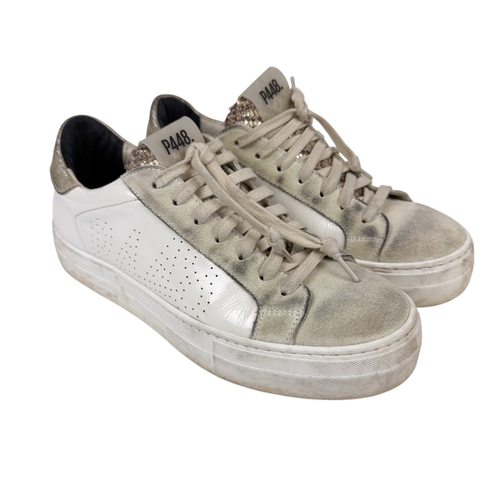 P448‎ Thea Platform Sneakers White Leather Metallic Heel Size 38/ US 7.5/8
